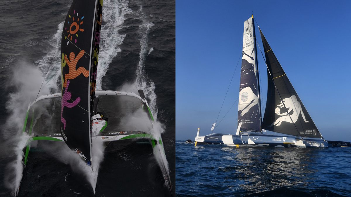 Les deux multicoques engagés dans le Trophée Jules Verne 2020 : "Sodebo" à gauche, "Gitana-Edmond de Rotschild" à droite. Photos d'archive