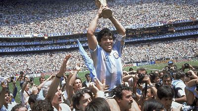 In this June 29, 1986 file photo, Diego Maradona celebrates winning the World Cup with Argentina after the team's 3-2 victory over West Germany in the final in Mexico City.