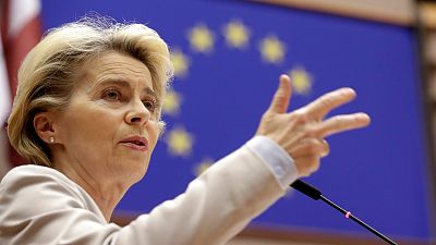 European Commission President Ursula von der Leyen speaks during a plenary session at the European Parliament in Brussels, Wednesday, Nov. 25, 2020.
