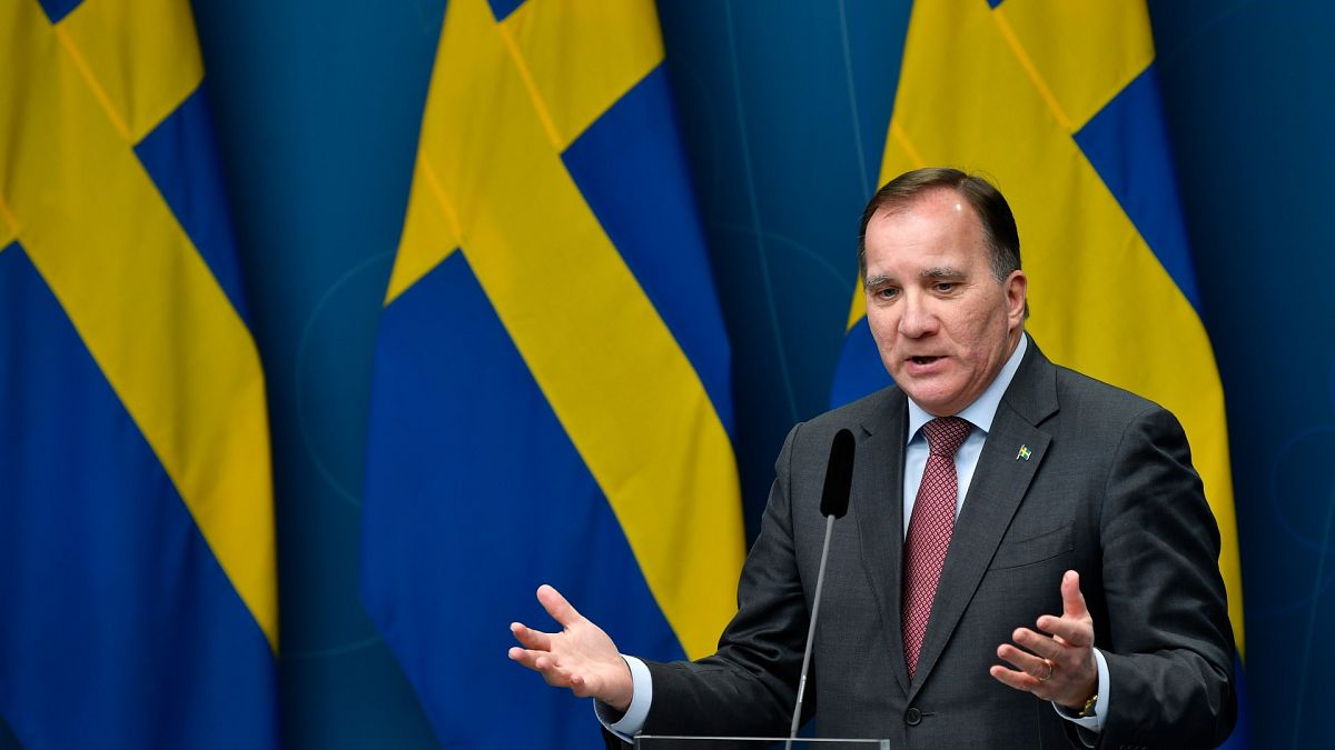 Sweden's Prime Minister Stefan Lofven gives a news conference on new restrictions to curb the spread of the coronavirus pandemic, in Stockholm, Sweden, Nov. 11, 2020.