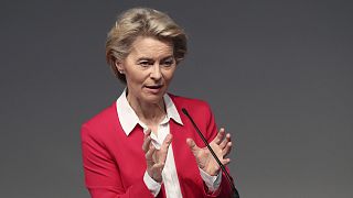 European Commission President Ursula von der Leyen delivers a speech on the EU's coronavirus recovery fund plan at the Campalimaud Foundation in Lisbon.