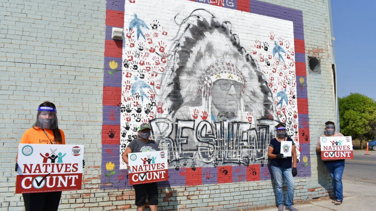 Activists hold signs promoting Native American participation in the U.S. census of 2020.
