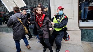 A police officer takes away a protester during the rally