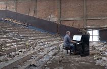 Paul Barton playing piano for wild macaques that live in an abandoned cinema in Lopburi, Thailand.