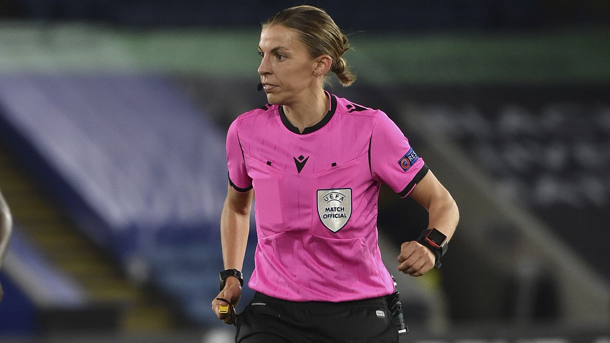 French referee Stephanie Frappart officiates during the Europa League Group G soccer match between Leicester City and Zorya Luhansk.