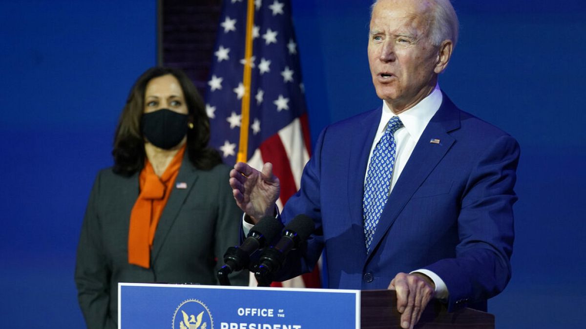 President-elect Joe Biden, joined by Vice President-elect Kamala Harris, speaks at The Queen theater, Monday, Nov. 9, 2020, in Delaware.