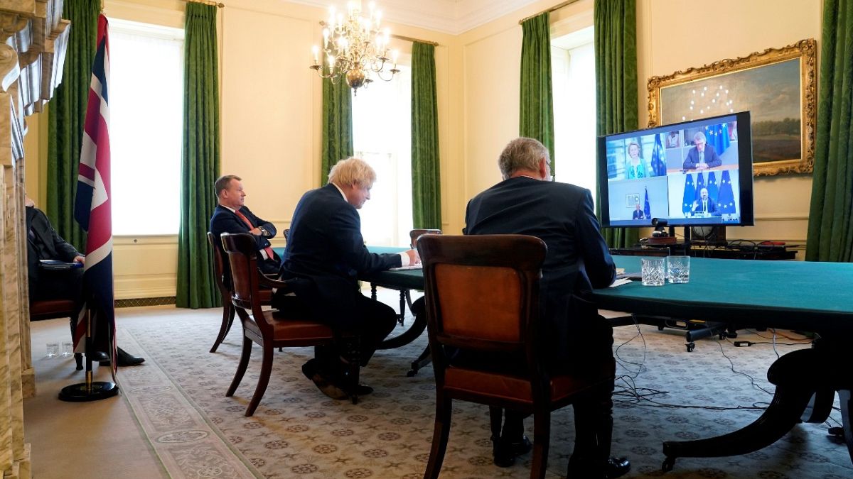 UK Prime Minister Boris Johnson with senior minister Michael Gove and Brexit negotiator David Frost, during a video conference call from London with EU leaders, June 15, 2020.