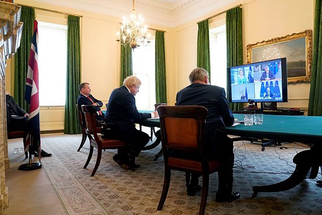 UK Prime Minister Boris Johnson with senior minister Michael Gove and Brexit negotiator David Frost, during a video conference call from London with EU leaders, June 15, 2020. UK Prime Minister Boris Johnson with senior minister Michael Gove and Brexit negotiator David Frost, during a video conference call from London with EU leaders, June 15, 2020.