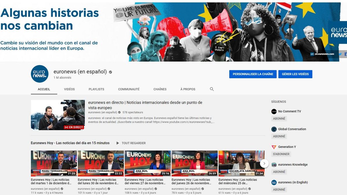 Portada del canal de Euronews en español en Youtube