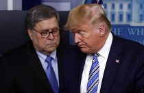 In this March 23, 2020, file photo US Attorney General William Barr appears alongside President Donald Trump in the James Brady Briefing Room in Washington.