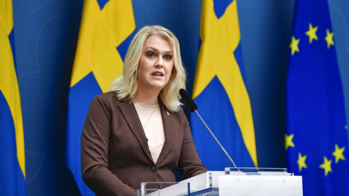 Sweden's Minister for Health and Social Affairs Lena Hallengren gives a news conference on new restrictions to curb the spread of the coronavirus pandemic, in Stockholm