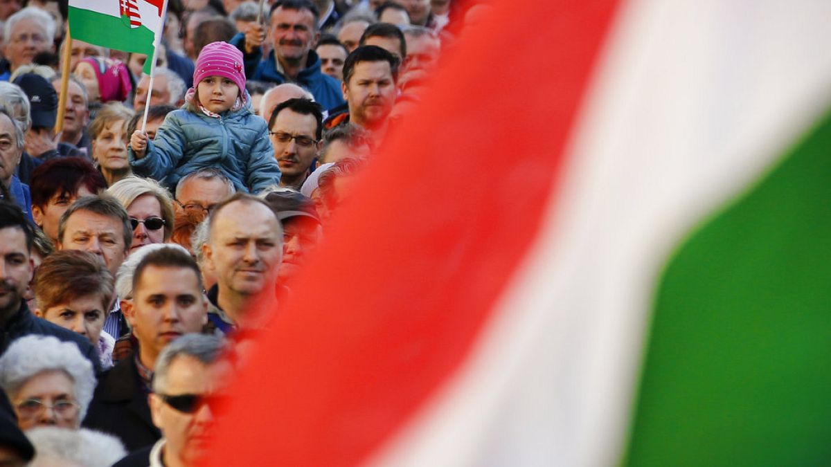Fidesz party supporters in Szekesfehervar, Hungary, Friday, April 6, 2018.