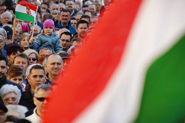 Fidesz party supporters in Szekesfehervar, Hungary, Friday, April 6, 2018. Fidesz party supporters in Szekesfehervar, Hungary, Friday, April 6, 2018.