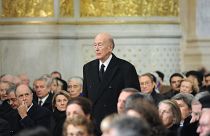 In this Jan. 11, 2010 photo Former French President Valery Giscard d'Estaing arrives for the funeral of Philippe Seguin, the President of the Court of Accounts, in Paris.