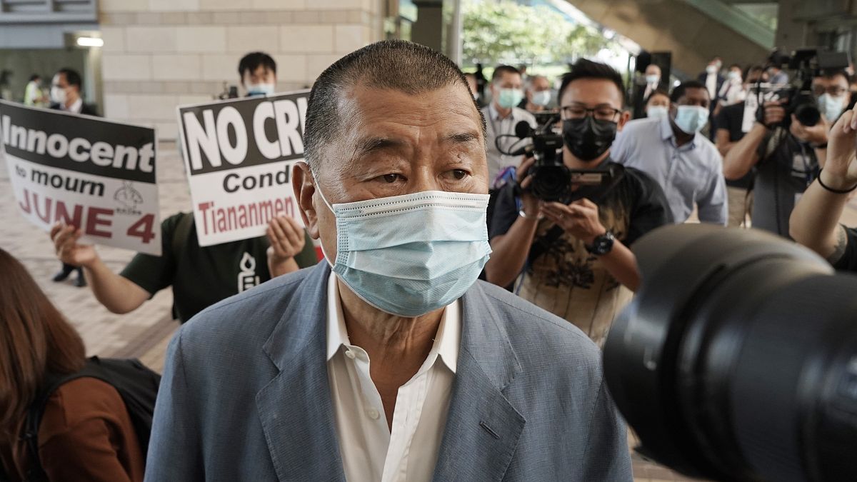 n this Thursday, Oct. 15, 2020 photo, Jimmy Lai arrives at a court in Hong Kong. 