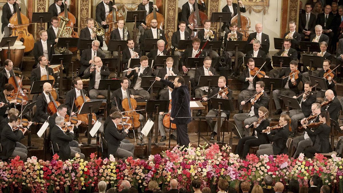 Latvian conductor Andris Nelsons conducts the Vienna Philharmonic Orchestra Jan. 1, 2020.