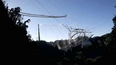 This photo is from video provided by the US National Science Foundation of the radio telescope in Arecibo, Puerto Rico, Tuesday, Dec. 1, 2020. This photo is from video provided by the US National Science Foundation of the radio telescope in Arecibo, Puerto Rico, Tuesday, Dec. 1, 2020.