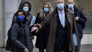 Michel Barnier, center right, arrives with his team to the Conference Centre in London, 4 December 2020. 