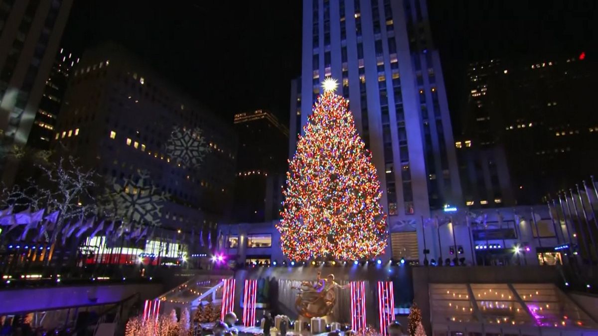 Christmas tree without lights at Rockefeller Plaza