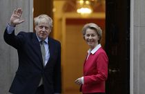 Britain's Prime Minister Boris Johnson greets European Commission President Ursula von der Leyen 