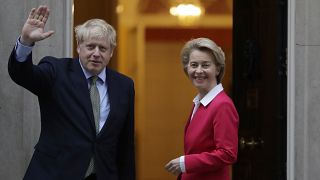 Britain's Prime Minister Boris Johnson greets European Commission President Ursula von der Leyen 