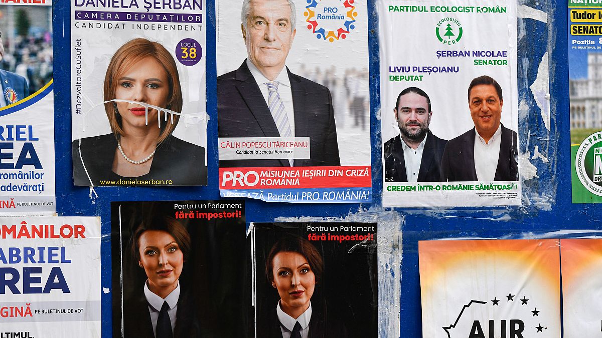 Electoral posters on a board in Bucharest, Romania