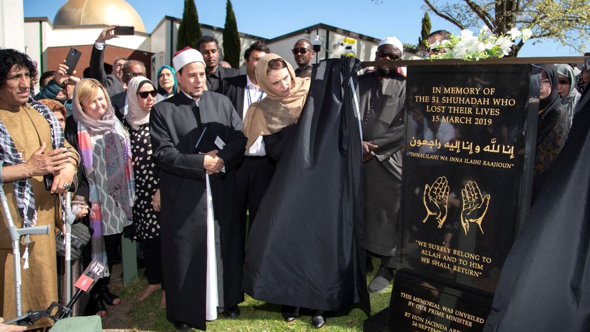 New Zealand Prime Minister Jacinda Ardern unveils a plaque at the Al Noor mosque in Christchurch, Sept. 24, 2020, in memory of the 51 victims of the March 2019 attack.