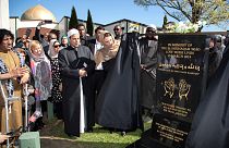 New Zealand Prime Minister Jacinda Ardern unveils a plaque at the Al Noor mosque in Christchurch, Sept. 24, 2020, in memory of the 51 victims of the March 2019 attack.