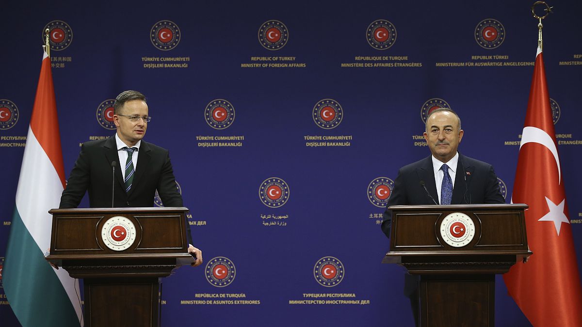 مولود تشاوش أوغلو، وزير الخارجية التركي في مؤتمر صحفي عقده في أنقرة، مع نظيره المجري بيتر سيارتو