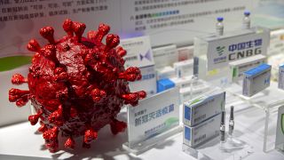 نموذج لفيروس كورونا بجوار صناديق لقاحات ضد كوفيد-19 في معرض شركة الأدوية الصينية سينوفارم
