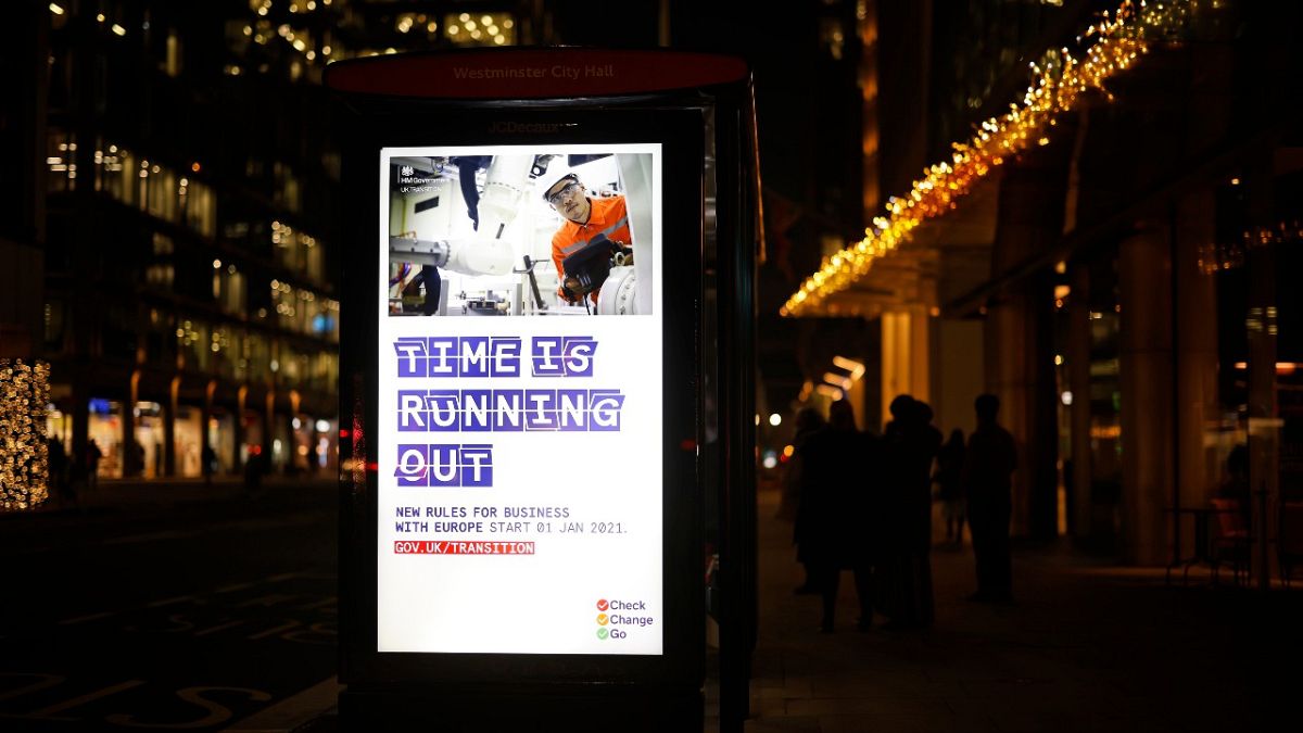 An electronic advert, promoted by Britain's Government, alerts businesses that they need to be ready for the end of the 'Brexit transition period' , London, December 8, 2020.