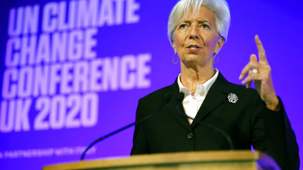 President of the European Central Bank Christine Lagarde addresses an event to launch the private finance agenda for the United Nations Climate Change Conference COP26