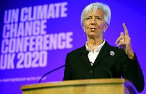 President of the European Central Bank Christine Lagarde addresses an event to launch the private finance agenda for the United Nations Climate Change Conference COP26
