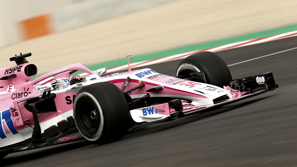 Nikita Mazepin pictured driving for Force India during a Formula One pre-season testing session in Barcelona in February 2018.