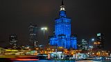 The Palace of Culture in Warsaw illuminated in blue on December 9, 2020.