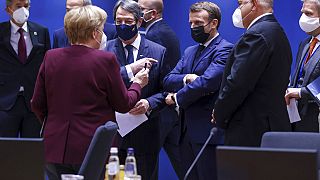 EU leaders during a round table meeting at an EU summit in Brussels, Friday, Oct. 16, 2020.