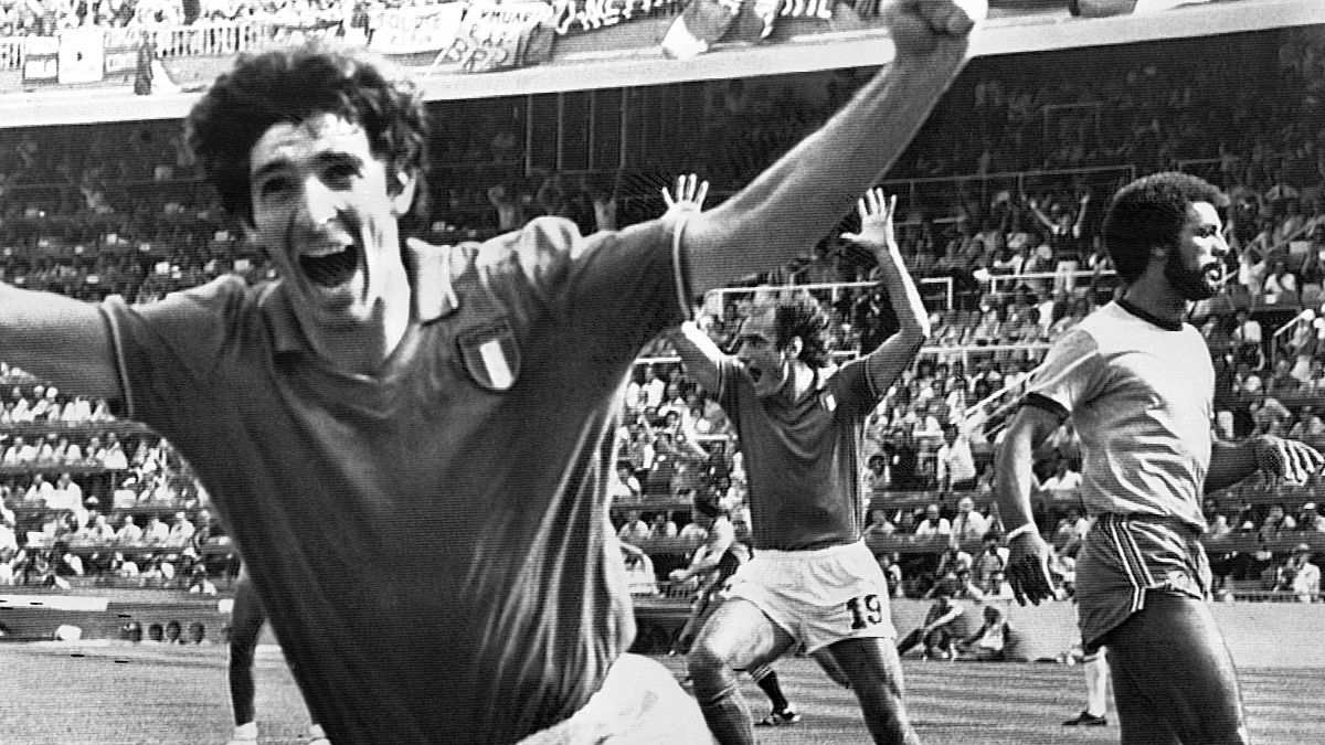 Rossi celebrates a goal against Brazil on the way to helping Italy win the 1982 World Cup