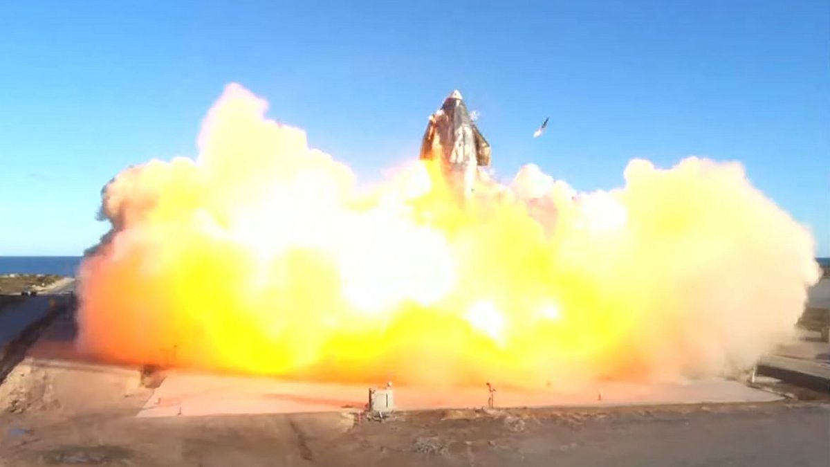 This SpaceX video frame grab image shows SpaceX's Starship SN8 rocket prototype crashing on landing