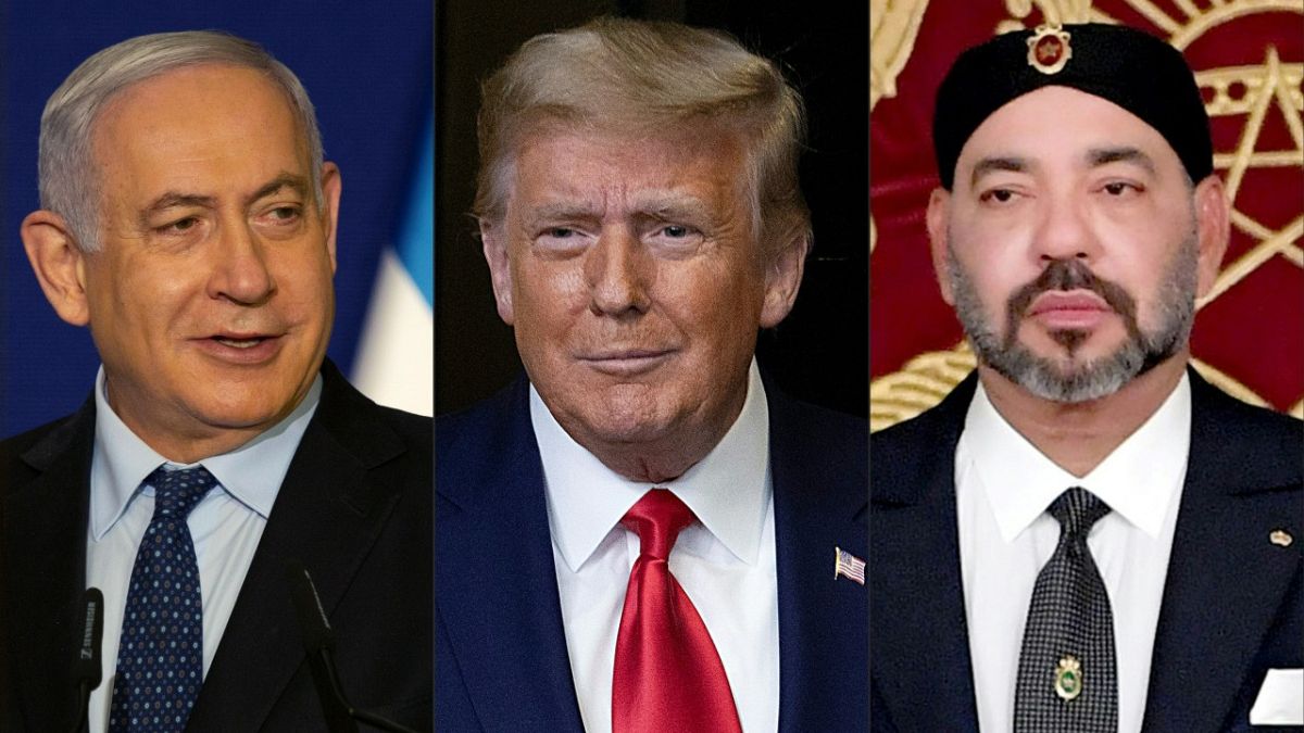 رئيس الوزراء الإسرائيلي بنيامين نتنياهو والرئيس الأمريكي دونالد ترامب وملك المملكة المغربية محمد السادس. 