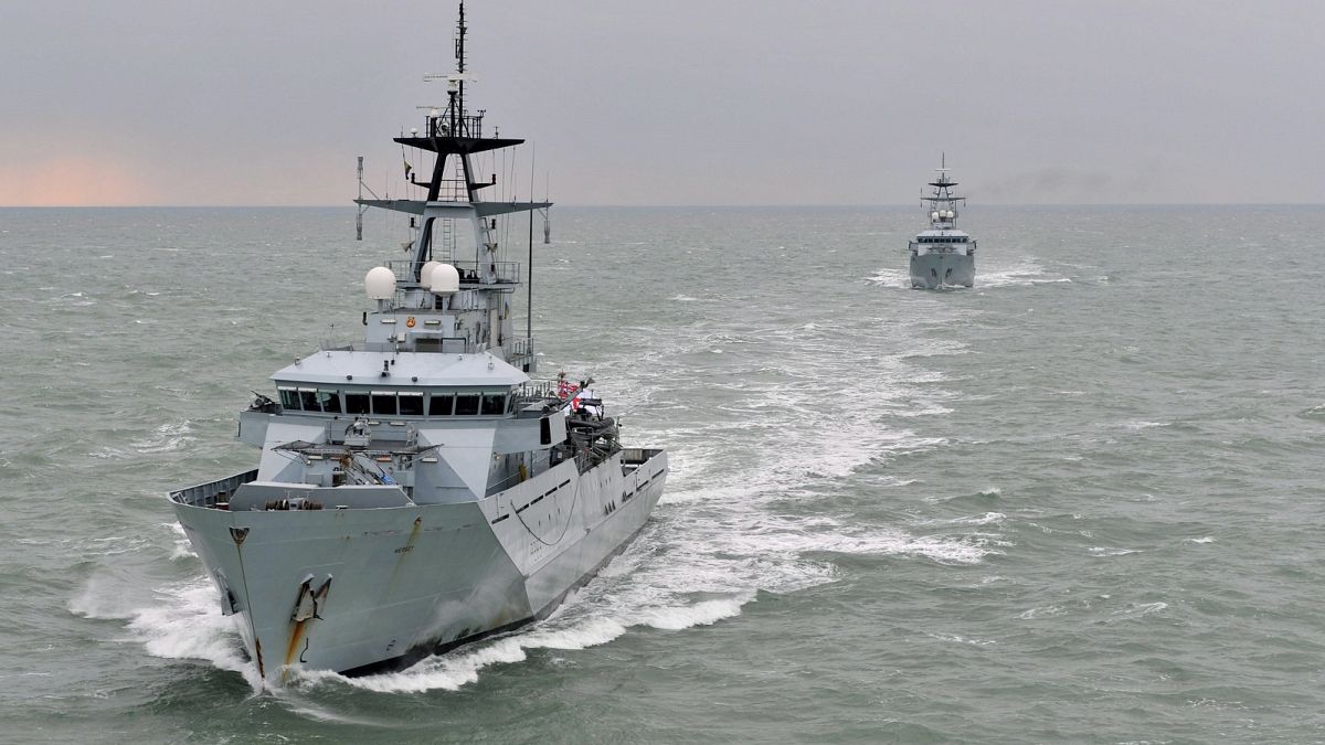 Royal Navy fishery protection vessels on patrol off the coast of Portsmouth, UK.