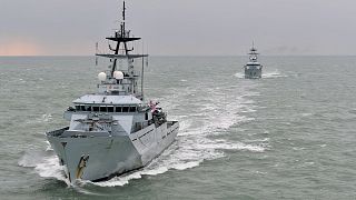 Royal Navy fishery protection vessels on patrol off the coast of Portsmouth, UK.