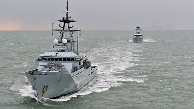 Royal Navy fishery protection vessels on patrol off the coast of Portsmouth, UK.