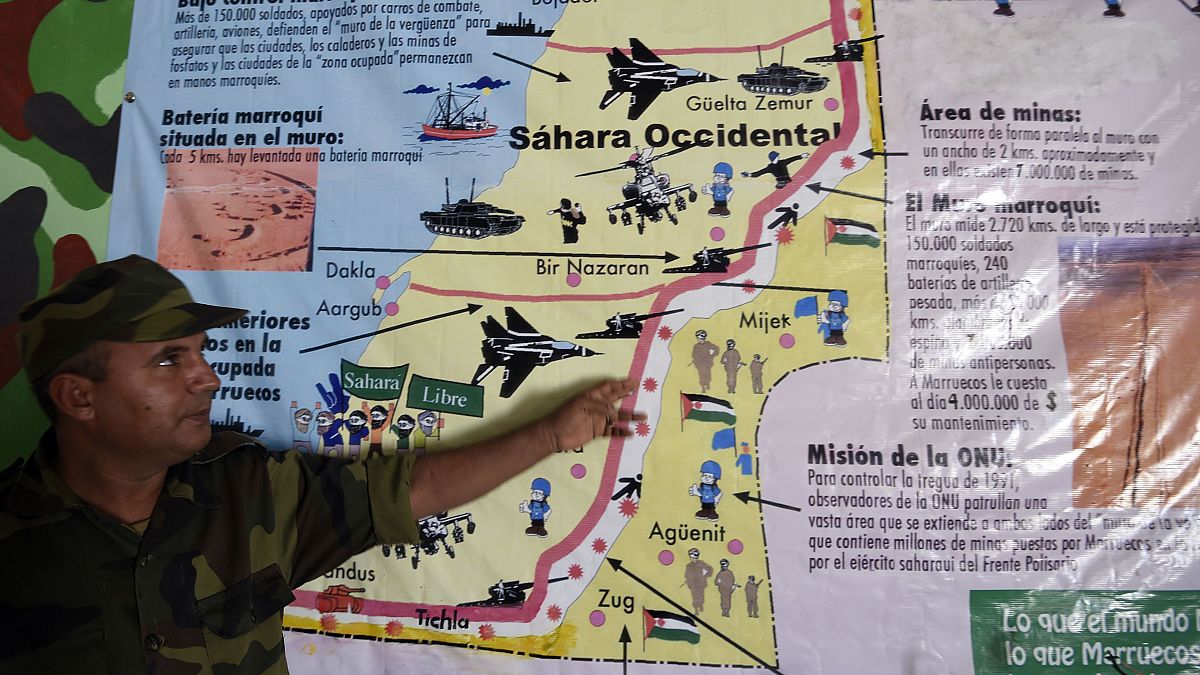 خريطة للصحراء الغربية معروضة في متحف جيش التحرير الشعبي، في مخيم الرابوني للاجئين الصحراويين