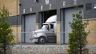A truck is shown at the Pfizer Global Supply Kalamazoo manufacturing plant in Portage