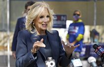 Dr Jill Biden speaks to reporters while campaigning for her husband, now President-elect Joe Biden.