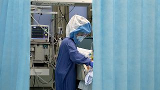 A nurse tends to a patient inside a COVID-19 intensive care unit of the Tor Vergata Polyclinic Hospital in Rome, Sunday, Dec. 13, 2020.