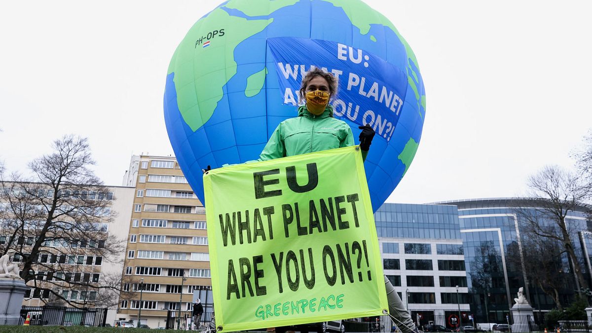 une activiste de l'ONG Greenpeace à Bruxelles le 10 décembre, alors qu'un sommet de l'Union européenne se tenait dans la capitale belge 