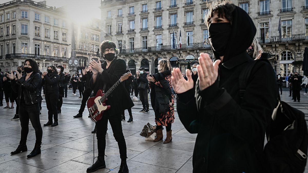 A protest against the restrictions imposed by the government as part of lockdown measures in front of the Grand Theatre in Bordeaux, southwestern France, on November 23, 2020.