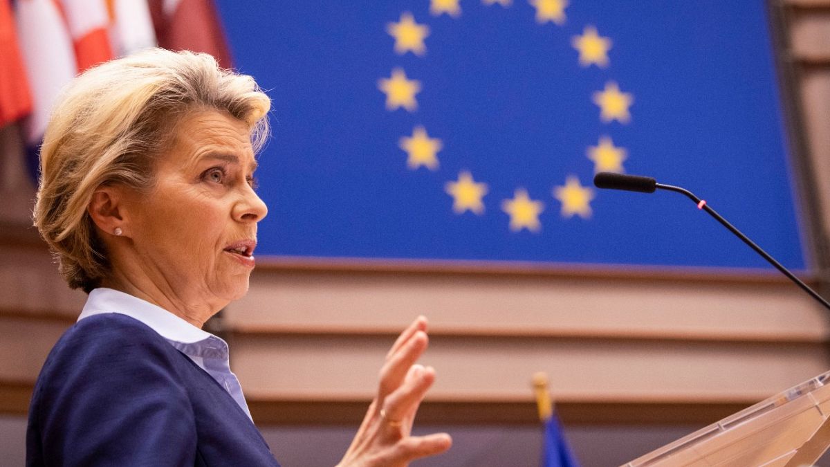 President of Commission Ursula von der Leyen delivers a speech at European Parliament, in Brussels, on December 16, 2020.