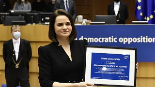 Belarus opposition leader, Svetlana Tikhanovskaya, holding the European Parliament's Sakharov Prize on behalf of the Belarusian opposition on Wednesday `16th December 2020.